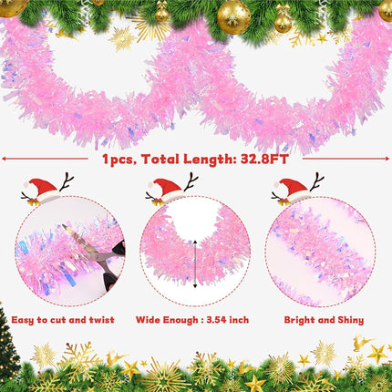 BLEUM CADE 32.8Ft Christmas Tinsel Garland, Iridescent Pink Tinsel Garland for Xmas Tree Decorations Holiday Birthday Wedding Party Supplies
