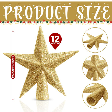 Hiboom Mini Star Christmas Tree Topper 2.7inchx2inch Glittered Christmas Tree Star for Xmas Tree Party Decoration Holiday Outdoor Indoor Home Ornaments(Gold, 12 Pcs)