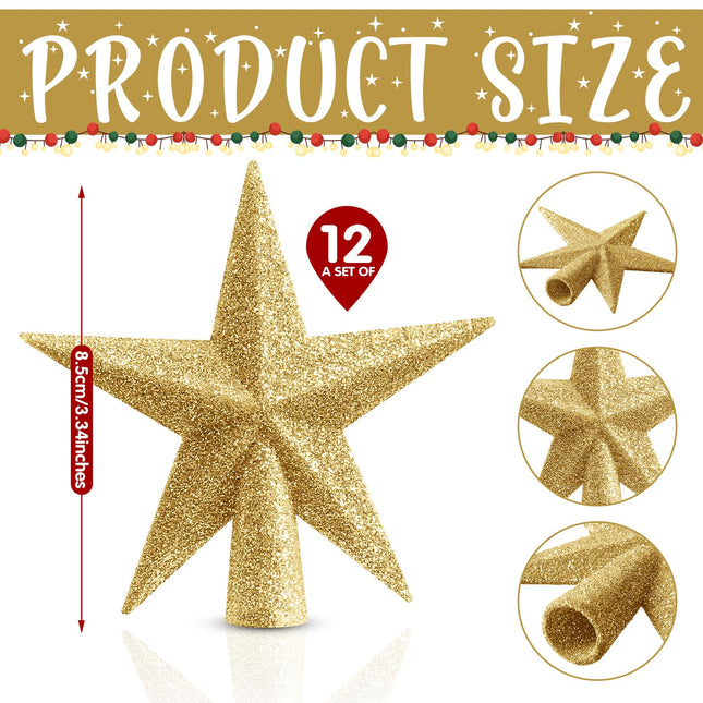 Hiboom Mini Star Christmas Tree Topper 2.7inchx2inch Glittered Christmas Tree Star for Xmas Tree Party Decoration Holiday Outdoor Indoor Home Ornaments(Gold, 12 Pcs)