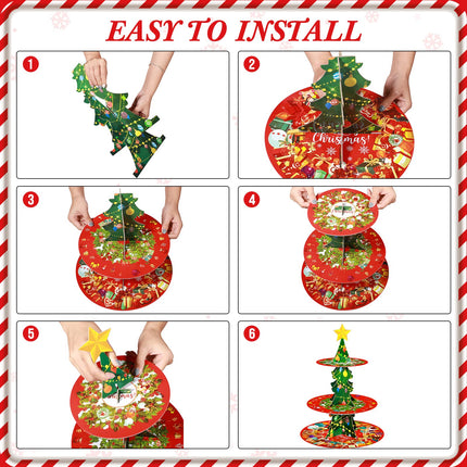 Christmas Cake Stand 3 Tier Christmas Dessert Stand Holder with 24 Pcs Cake Toppers Xmas Cake Tower Tray Cardboard Pastry Serving Tray Stand for Xmas Year Party Decoration Supplies