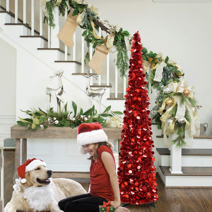 5FT Pop-Up Artificial Christmas Tree, Collapsible Pencil Christmas Tree for Indoor, Outdoor, Apartment, Party Decorations and Home Decor.Red