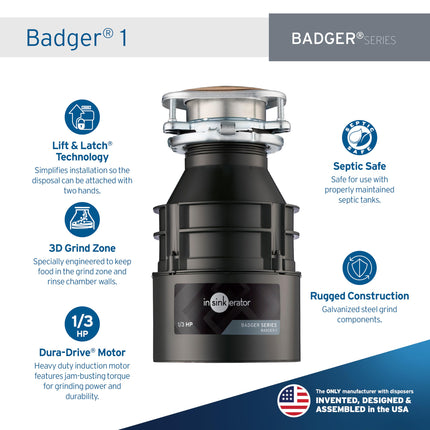 InSinkErator Badger 1 Garbage Disposal 1/3 HP Food Waste Disposal Unit