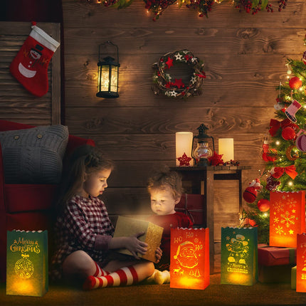 Nezyo 30 Sets Christmas Luminaries Bags with Flameless LED Tea Lights Luminaries Bags with LED Lights 6 Designs Luminary Candle Bags Luminary Lantern Bags for Home Party Outdoor Decoration