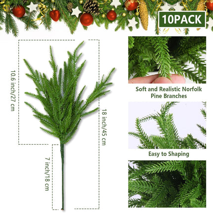 10 PCS Christmas Norfolk Pine Branches Artificial Xmas Greenery Norfolk Pine Garland for Outdoor Indoor Home Décor