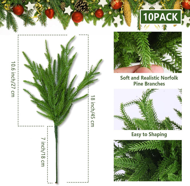 10 PCS Christmas Norfolk Pine Branches Artificial Xmas Greenery Norfolk Pine Garland for Outdoor Indoor Home Décor