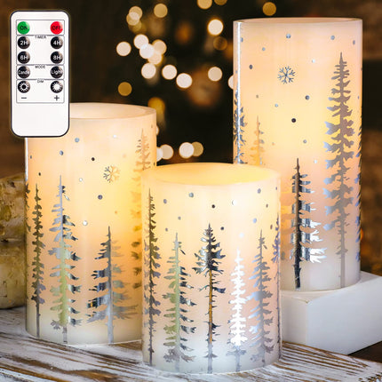 Christmas LED Flameless Candles Battery Operated, Hot Stamping Silver Xmas Tree LED Flickering Candles with Remote and Timer, Holiday Decorative LED Pillar for Xmas, Party, Bedroom