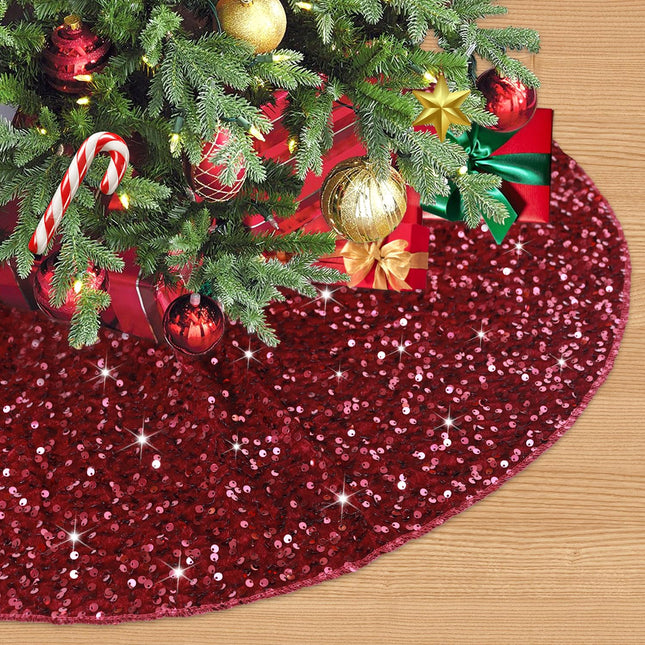 Burgundy Tree Skirt Christmas Decorations 21 Inch Sequined Tree Skirt Sparkly Soft Velvet Christmas Tree Skirt Maroon Tabletop Tree Skirts for 3ft Miniature Trees Family Xmas Tree Mat for Home Decor
