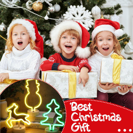 VIHOSE 3 Pcs Christmas Neon Sign LED Night Lights Lamp with Holder Base Snowman Reindeer Christmas Tree Shaped Lights Battery/USB Powered Christmas Neon Lights for Christmas Room Decor