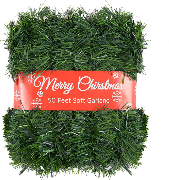 50 Foot Garland for Christmas Decorations, Non-lit Green Soft Christmas Garland for Outdoor or Indoor Use, Artificial Greenery Garland for Holiday Home Stairs Fireplaces Decor