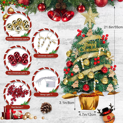 HUAESIN 22 Inch Mini Artificial Christmas Tree with 20 LED String Lights Star Tree Hanging Ornaments Prelit Xmas Tree Tabletop Small Xmas Tree for Holiday Indoor DIY Christmas Decor
