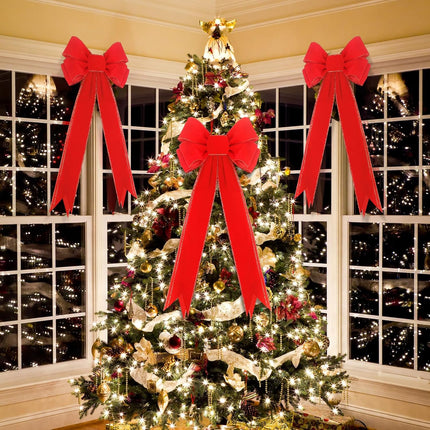 Zeyune 12 Pcs Large Christmas Red Bows with Gold Edge Velvet Xmas Wreath Bows 10" x 26" Christmas Tree Topper Bows for Holiday Party Supplies Indoor Outdoors Wrapping Decorations
