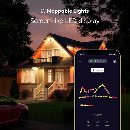 Twinkly Permanent Lights 72 LED RGB, Mappable LED Light Strip for Outdoor, Smart Multicolor LED Lights, Mappable LEDs, Compatible with Alexa and Google Home, IP65, App Mapping, White Wire, 100ft