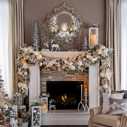prelit Christmas Hoop Wreath with Lighted House,Farmhouse Winter Wreath with Lights,16inch Silver White Christmas Wreath for Front Door, Winter Xmas Holiday Porch Decor,Modern Mantel Decoration
