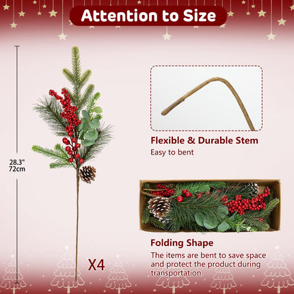 4 Pcs Christmas Artificial Pine Branches 28.3 inch Norfolk Pine Stems Christmas Greenery Picks with Red Berries Pine Needles Picks Spray Christmas Tree Branches for Xmas Vase DIY Craft Holiday Decor
