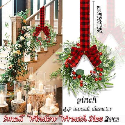 Mini Cabinet Christmas Wreath - 2Pcs 9IN Artificial Red Berries Plaid Small Christmas Wreath for Kitchen Cabinets, Window Porch Wall Indoor Home Hanging Decorating