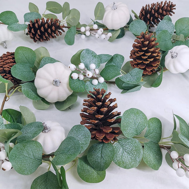 Winlyn 2 Pack White Pumpkin Garland Artificial Eucalyptus Garland with White Pumpkins Pinecones Berries Fall Foliage Garland for Wedding Arch Backdrop Thanksgiving Table Runner Farmhouse Décor