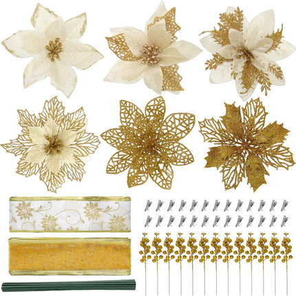 38Pcs Gold Christmas Decorations Set Include 24Pcs Artificial Christmas Flowers, Clamp and Stem, 12Pcs Holly Berry Stems, 2Pcs Ribbon, Poinsettia Christmas Tree Picks for Wreaths Garland Decor