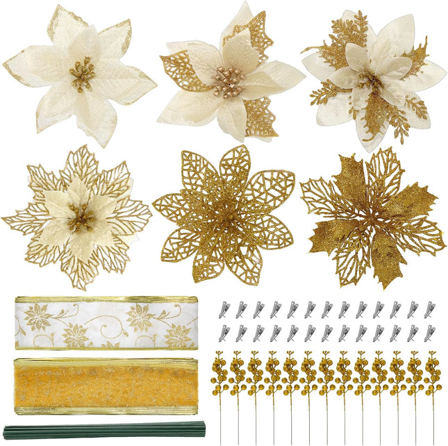 38Pcs Gold Christmas Decorations Set Include 24Pcs Artificial Christmas Flowers, Clamp and Stem, 12Pcs Holly Berry Stems, 2Pcs Ribbon, Poinsettia Christmas Tree Picks for Wreaths Garland Decor