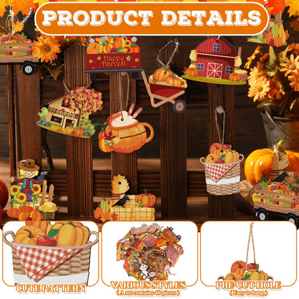 48 Pcs Fall Wooden Tree Ornaments Pumpkin Scarecrow Fall Mix Cutouts Carriage Haystack Thanksgiving Maple Leaves Wooden Decorations Autumn Hanging Signs for Halloween Party Tree
