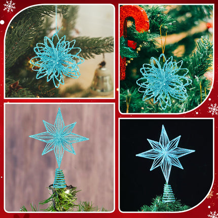 Barydat 17 Pcs Christmas Tree Decorations Set Glitter Star Christmas Tree Topper Metal Xmas Treetop with 16 Hanging Flower Christmas Balls Ornaments for Holiday Xmas Tree Party Decoration (Light Blue)