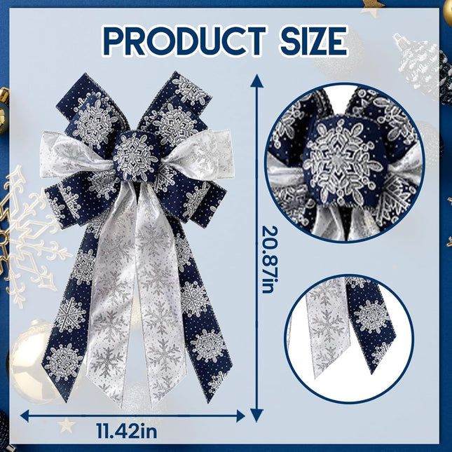 Large Christmas Bows for Wreath, Christmas Navy Blue Snowflake Ribbon Bows for Wreaths, Large Tree Topper Bows for Christmas Home Garden Indoor Outdoor Decoration Wreath Ornament Supplies