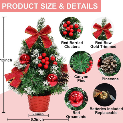 4 Pack 12 Inch Mini Christmas Trees with Lights Table Top Christmas Tree for Office in Basket Base Snowy Red Bows Berries Christmas Decorations Miniature Christmas Tree Tabletop Desk Home Decor