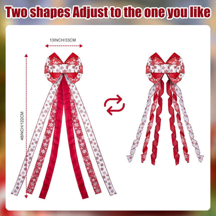 Christmas Tree Topper Wreath Bow, 48x13 Inches Large Christmas Bow with White Snowflakes, Decorative Ribbon Bows for Xmas Tree Wreath Door Festival Home Decor(Red & White)