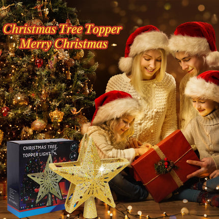 Christmas Tree Topper Lighted with 6 Pattern Projection Modes, Christmas Star Tree Topper Built-in LED Rotating Lights, 3D Glitter Dynamic Projection for Christmas Tree Decor(Gold)