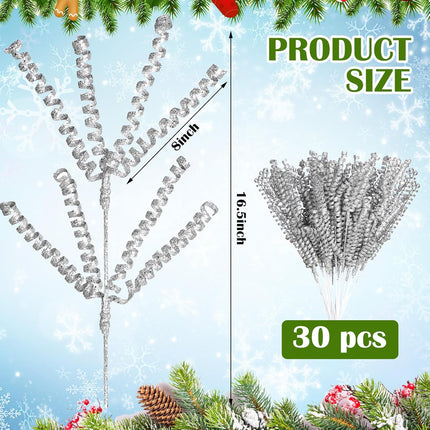 Tigeen 30 Pcs 16.5" Silver Christmas Tree Curly Picks Sprays Artificial Glitter Stems Glittery Twigs Branches for Christmas Tree Ornament Vase Filler DIY Garland Wreath Crafts Holiday Home Decor