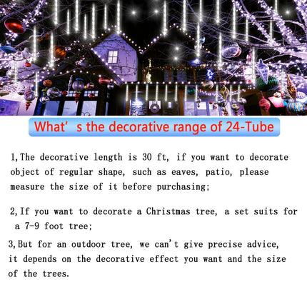 Outdoor Christmas Lights: 24Tubes(Equivalent to 3 Sets of 8-Tubes) Meteor Shower Lights Icicle White Christmas Lights Outdoor for Xmas Tree Halloween Decoration Wedding Party Window