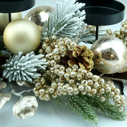 YULETIME 28" Christmas Triple Candelabrum, Holiday Candle Holder with Three Trays, Gold Baubles, Golden Berries & Leaves, Snowy Flocked Pine Needles (Gold)