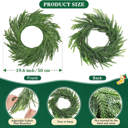 Jutom 3 Pcs 20 Inch Norfolk Pine Wreath and 6 ft Artificial Norfolk Pine Garlands Faux Pine Green Wreath Christmas Greenery Garland Winter Pine Garland for Front Door Porch Fireplace Indoor Outdoor