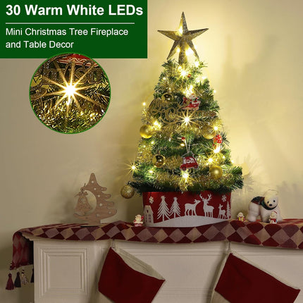 24 Inch Mini Table top Christmas Tree with Timer 30 LEDs & 34 Ornaments 2 Ft Small Tabletop Christmas Tree with Lights Artificial Christmas Decorations Desk Kid Room Office Home Decor Xmas