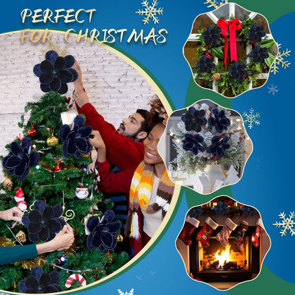 12 Pcs Christmas Velvet Poinsettia Burgundy Magnolia Flowers Ornaments Glitter Large Heads Artificial Magnolia Flowers for Christmas Tree Decorations Wedding Decor Supplies (Dark Blue)