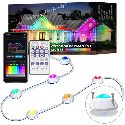 Permanent Outdoor Lights Christmas Halloween 40ft Smart RGB IC Outdoor Eaves Lights IP65 Waterproof Rainbow House Forever Light with DIY Scene Mode Music Sync for Year, Party, Holiday