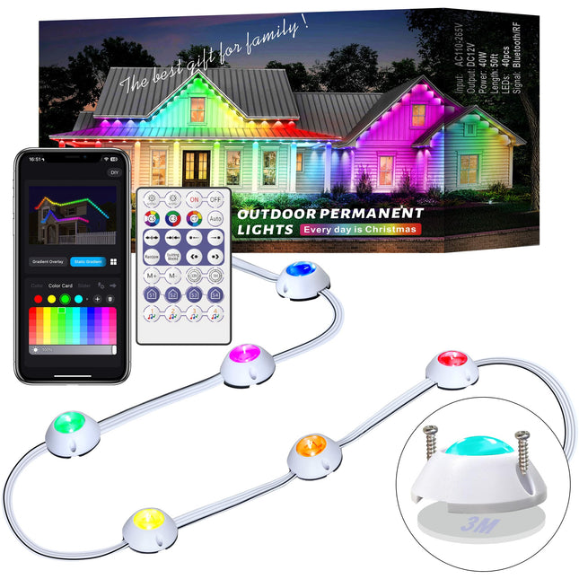 Permanent Outdoor Lights Christmas Halloween 40ft Smart RGB IC Outdoor Eaves Lights IP65 Waterproof Rainbow House Forever Light with DIY Scene Mode Music Sync for Year, Party, Holiday