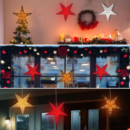 GalaxyArts Paper Star Lanterns, 24 Inch Maharani (Red) Light up Hollow Out 5-Point 3D Star Hanging Decoration for Indoor Outdoor Room Wedding Holiday Birthday Party Christmas Celebration Home Decor