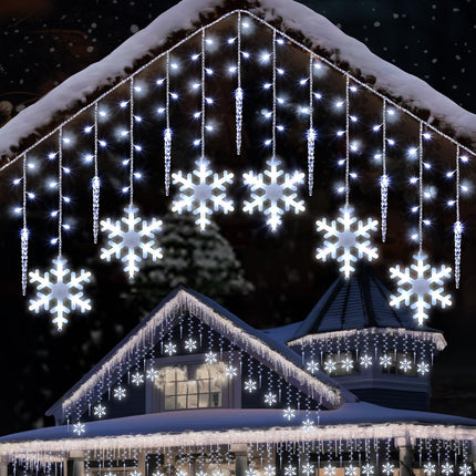Enhon 14 Drops Christmas Snowflake Icicle String Light Outdoor, 11.5FT 175 LED Large Hanging Snowflake Icicle Window Curtain Fairy Outdoor Light with 8 Light Modes for Christmas(Cool White)