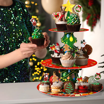 Christmas Cake Stand 3 Tier Christmas Dessert Stand Holder with 24 Pcs Cake Toppers Xmas Cake Tower Tray Cardboard Pastry Serving Tray Stand for Xmas Year Party Decoration Supplies