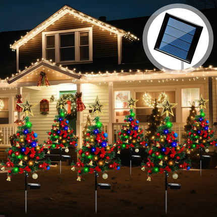 VIHOSE 8 Set 32 Inch Solar Christmas Tree Xmas Garden Stake Light Tree Decor Set with Bell Gold Pastel Ball Red Bow Tie Tree Waterproof Christmas Outdoor Decoration Tree for Yard Pathway Patio Lawn