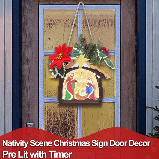 Pre Lit Grandeal Nativity Scene Door Sign with Timer Christmas Door Decorations Religious Wreath Holy Family Wooden Sign Hanging or Table Decor Christmas Decor for Window Wall Desk Office Home Decor