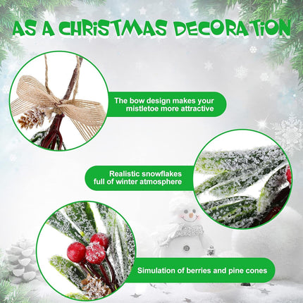 Snowy Artificial Christmas Mistletoe Picks Snowy Red Berry Branches Glitter Mistletoe with Ribbon Christmas Mistletoe Hanging Ornament for Christmas Party Decorations (6 Pieces)