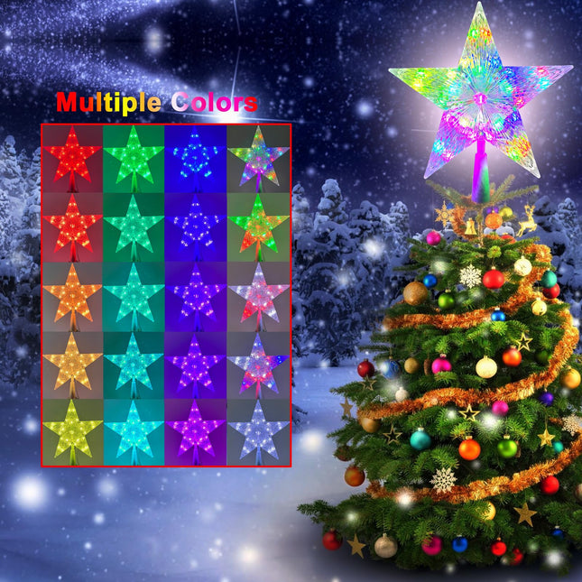 Christmas Tree Topper Star 9.0" LED Lighted Star Tree Top w/Remote Control, 128 Light Modes, Color Changing, Dimmable, Timer, USB Plug in, Wire 16.4Ft Treetop for Xmas Holiday Party Decorations