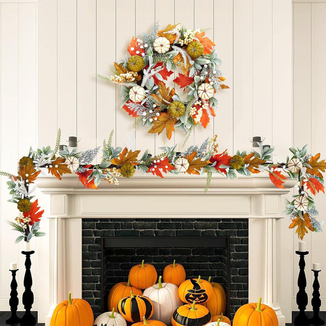 Adeeing 6 Ft Fall Garland, Autumn Pumpkin Garland with Maple Leaves Berries for Indoor Outdoor Thanksgiving Table Mantle Fireplace Home Decorations