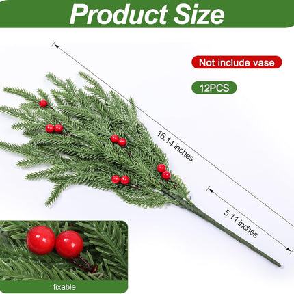 Artificial Faux Christmas Norfolk Pine Evergreen Stems Branches for Vases,12 Bundles Fake Green Real Touch Feel Greenery Stem with Berry for Xmas Holiday Winter Table Indoor Decoration