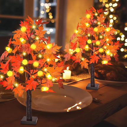 2 Pack 24 Inch Prelit Maple Tree Thanksgiving Decorations with 48 LED Timer Battery Operated Tabletop Prelit Acorn Pumpkin Artificial Fall Light Up Tree for Thanksgiving Fall Decorations for Home