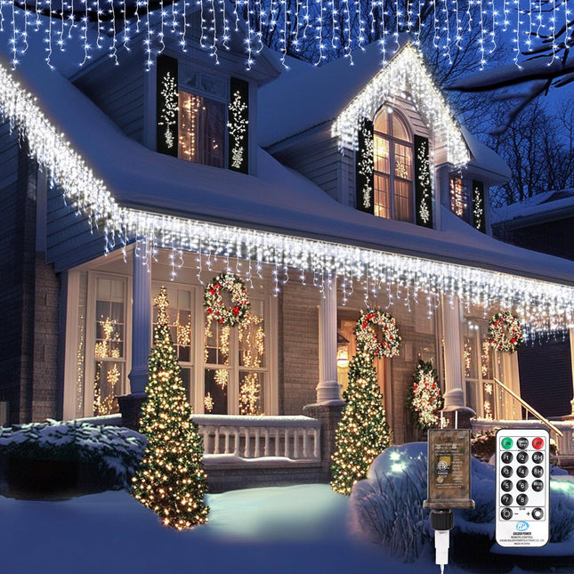 Icicle Christmas Lights Outdoor,520 LED 49.2FT 8 Modes with 80 Drops Cool White Icicle Lights,Remote Control Outdoor Indoor Fairy String Lights for Christmas Party,Holiday Decorations