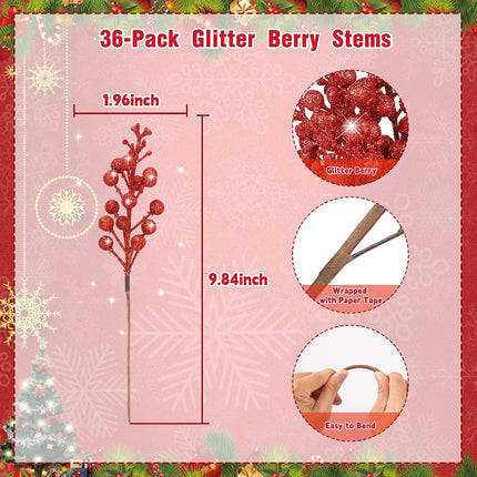HOHOTIME 36Pcs Christmas Glitter Berries Stems, 9.5 Inch Artificial Christmas Tree Picks for Christmas Tree Decorations Ornaments DIY Crafts Vases Holiday Wedding Home Xmas Decor（Red