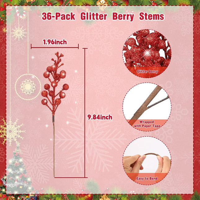 HOHOTIME 36Pcs Christmas Glitter Berries Stems, 9.5 Inch Artificial Christmas Tree Picks for Christmas Tree Decorations Ornaments DIY Crafts Vases Holiday Wedding Home Xmas Decor（Red