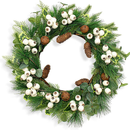 22" Christmas Wreath Artificial Winter Wreaths for Front Door Christmas Door Wreath with White Berries Pine Cones Needles Bells for Christmas and Winter Holidays